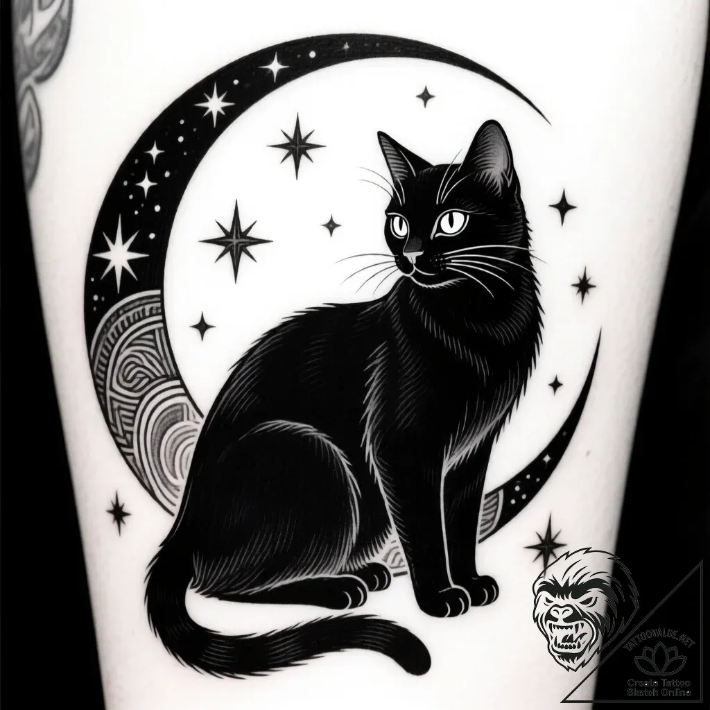 Tattoo sketch, black cat with crescent moon a... - style Flux Inscriptions - tattoo sketch (12.11.2025 11:07)