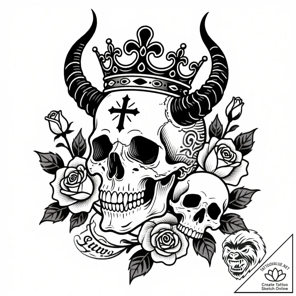 Horned skull of a demon, with a crown of blac... - style Flux Inscriptions - tattoo sketch (12.11.2025 11:43)