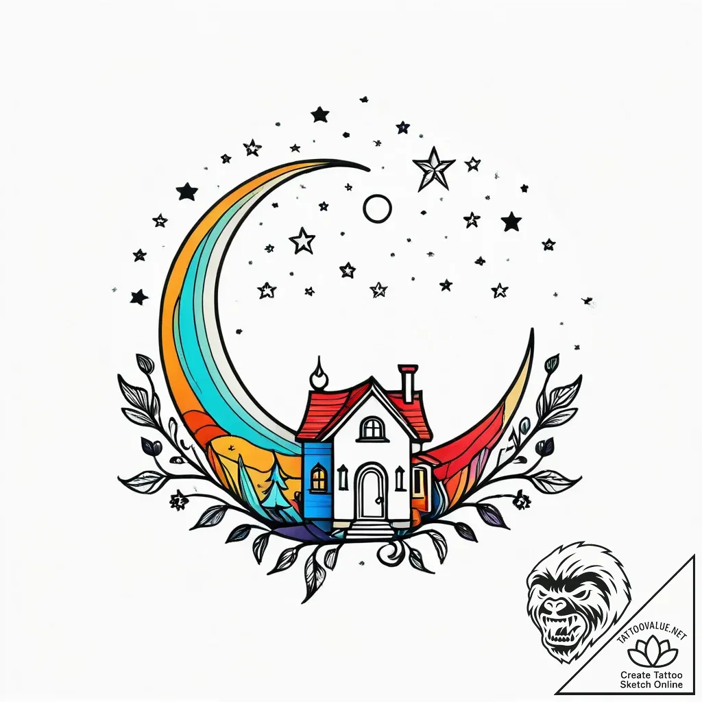 Tiny house perched on the edge of a crescent... - style Jagger Old - tattoo sketch (12.11.2025 11:52)