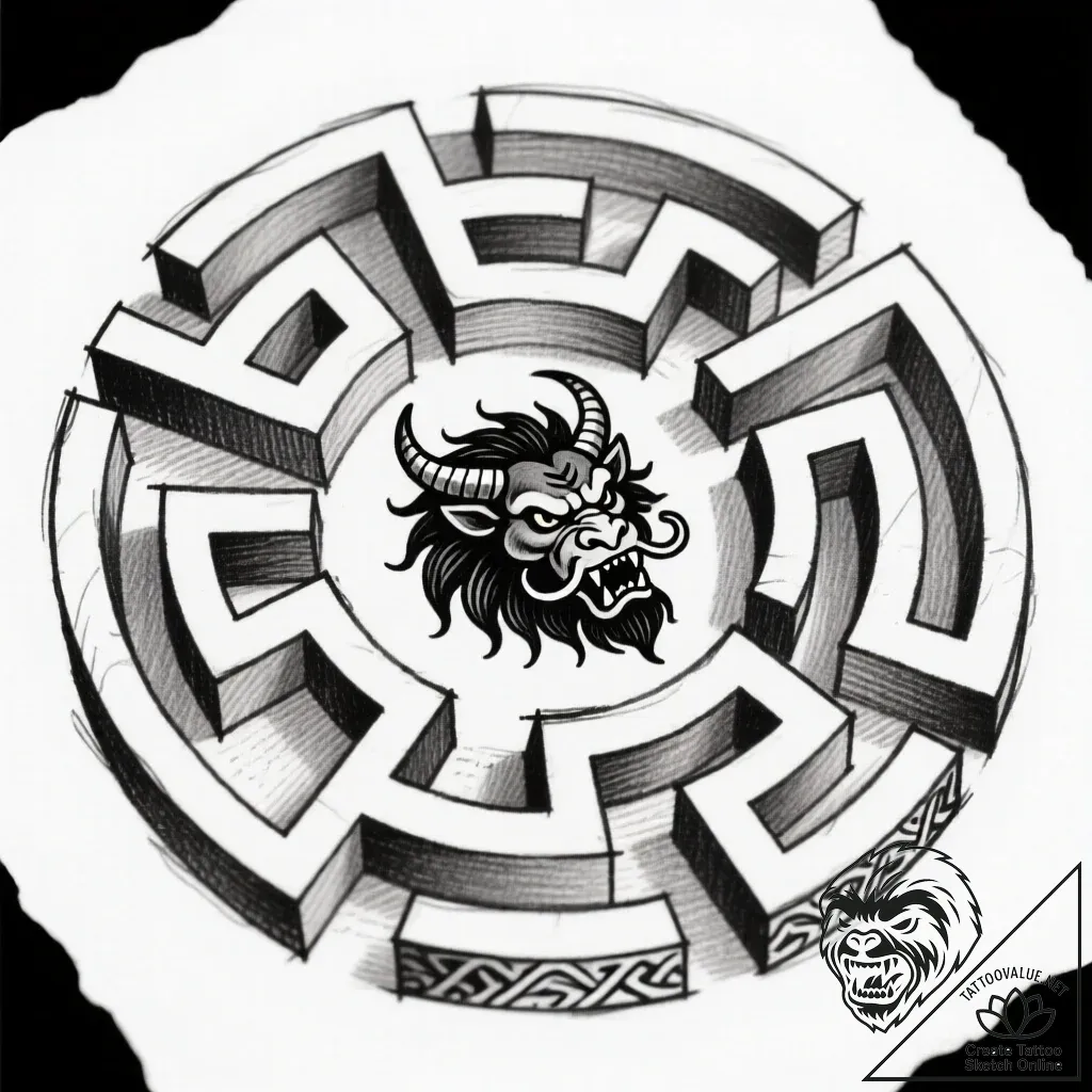 Labyrinth with a minotaur's shadow at its cen... - style Flux Inscriptions - tattoo sketch (12.11.2025 11:55)