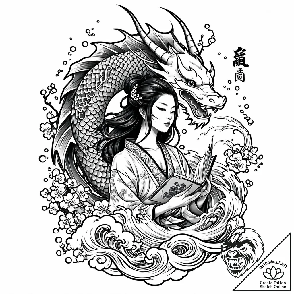 Reading woman, with the story's world materia... - style Jaeger Mini - tattoo sketch (12.11.2025 12:36)