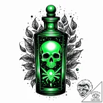 Vial of poison with a glowing, green liquid,… – style Jaeger Mini – tattoo sketch (12.11.2025 13:25)