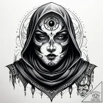 Monk eyes beneath spectral cowl, ink illustra… – style Jaeger Simple – tattoo sketch (12.11.2025 13:34)
