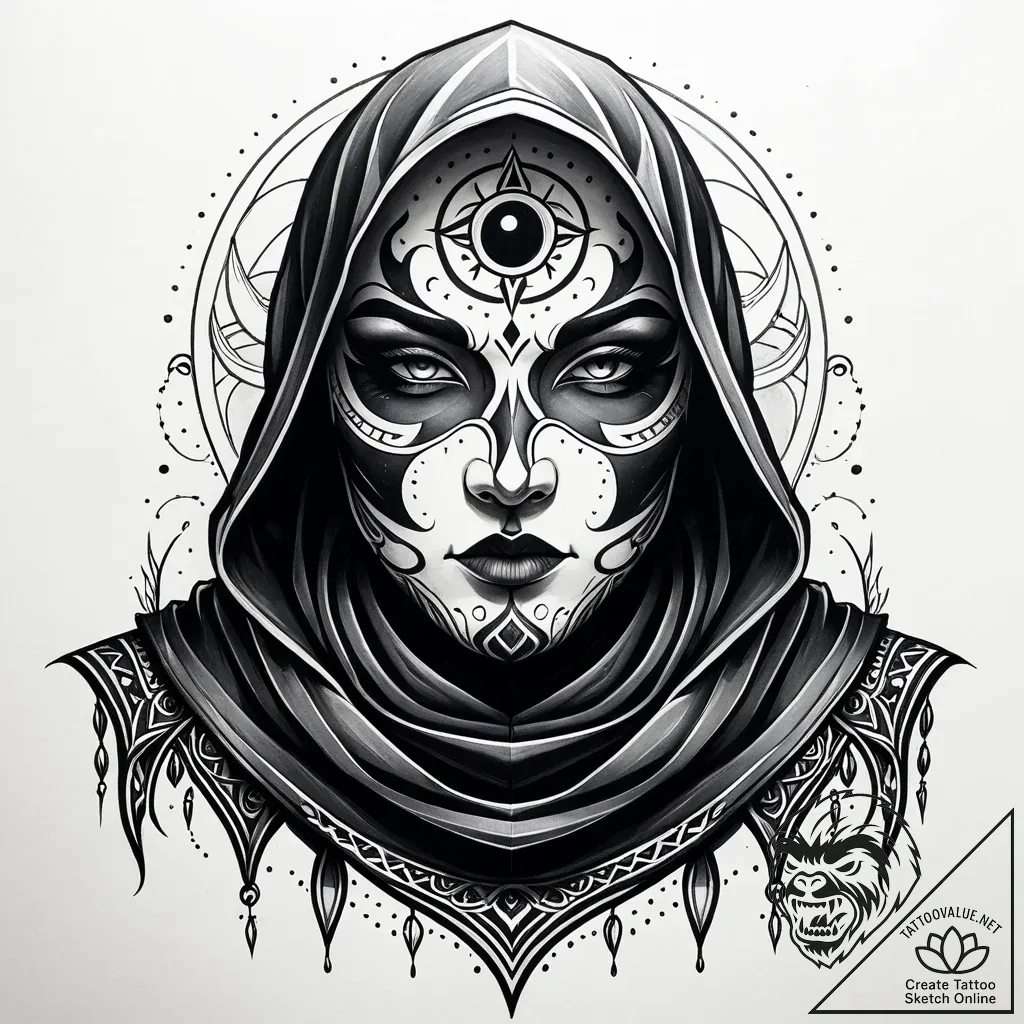 Monk eyes beneath spectral cowl, ink illustra... - style Jaeger Simple - tattoo sketch (12.11.2025 13:34)