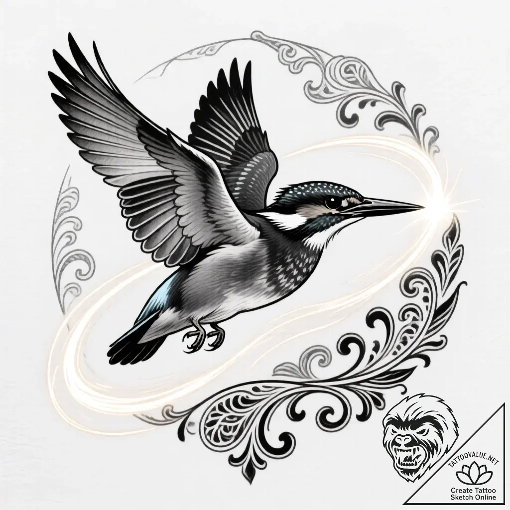 Kingfisher diving, leaving a trail of light,... - style Flux Inscriptions - tattoo sketch (12.11.2025 13:43)