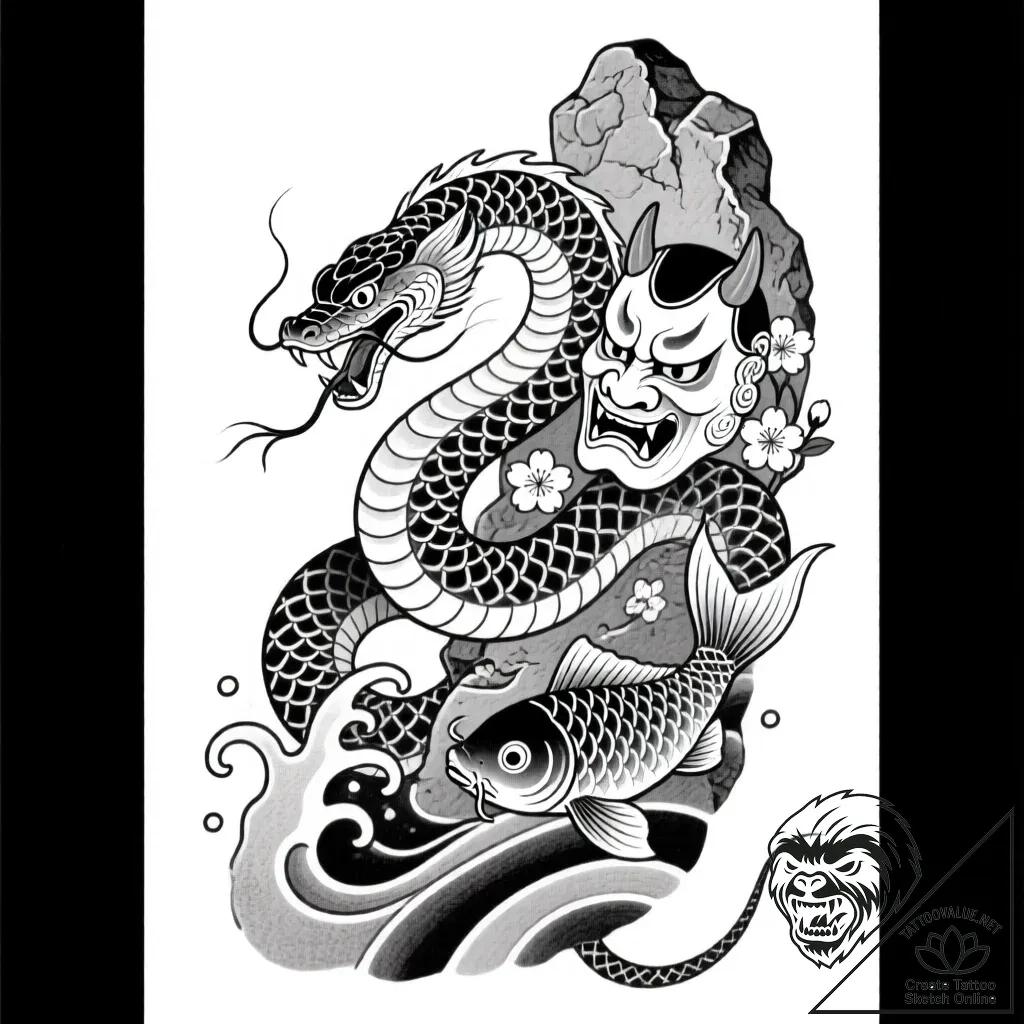 Ashen serpent emerging from cracked stone, ta... - style Flux Inscriptions - tattoo sketch (12.11.2025 14:19)