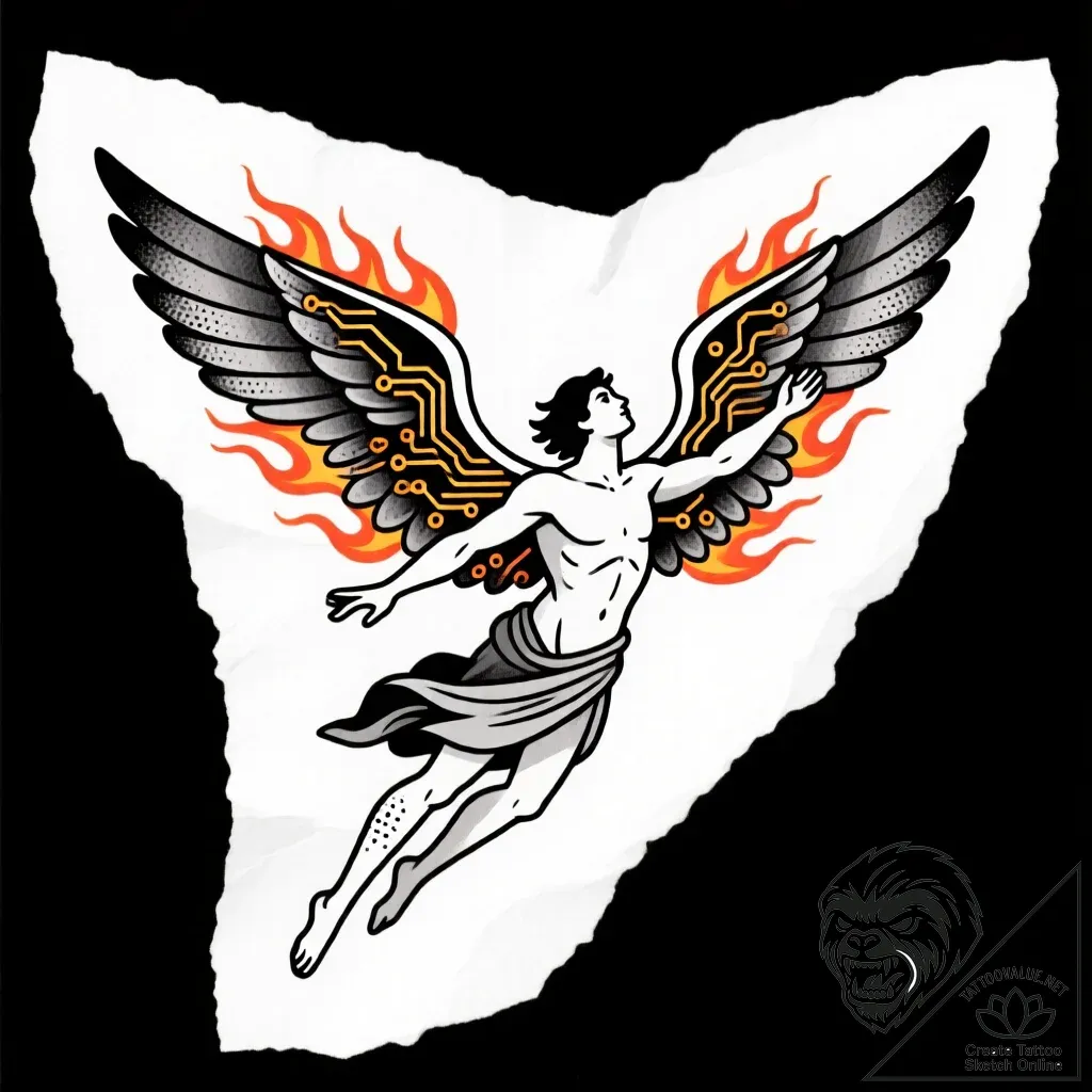 Icarus, but his wings are made of burning cir... - style Flux Inscriptions - tattoo sketch (12.11.2025 14:31)