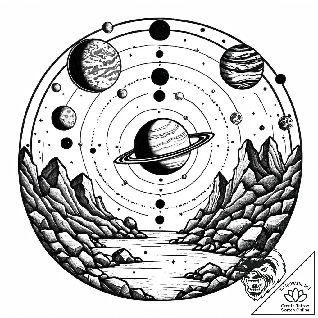 Zen garden with rocks as planets, tattoo sket... - style Jaeger Mini - tattoo sketch (12.11.2025 15:13)