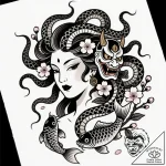 Medusa with snakes that are blossoming, flowe… – style Flux Inscriptions – tattoo sketch (12.11.2025 15:19)