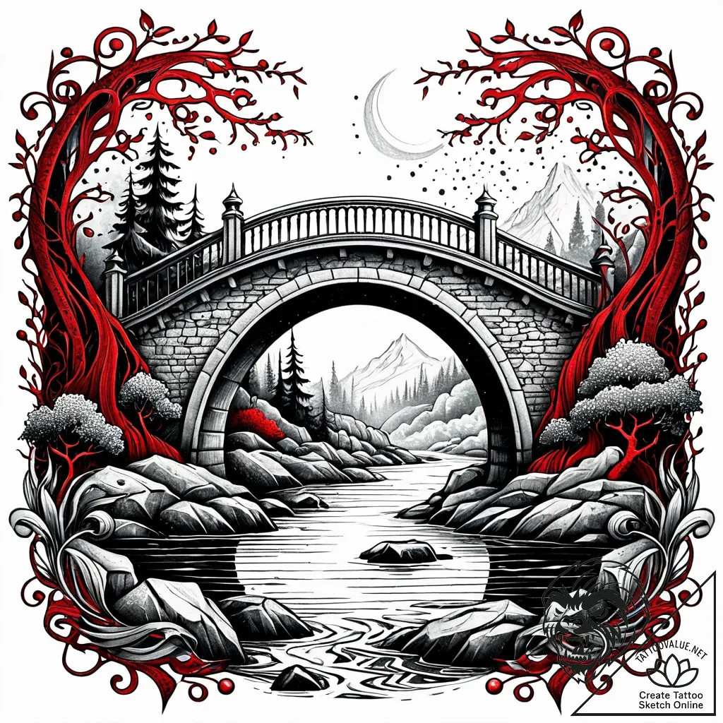 Ruined bridge over spectral river, tattoo fla... - style Jaeger Simple - tattoo sketch (12.11.2025 15:34)