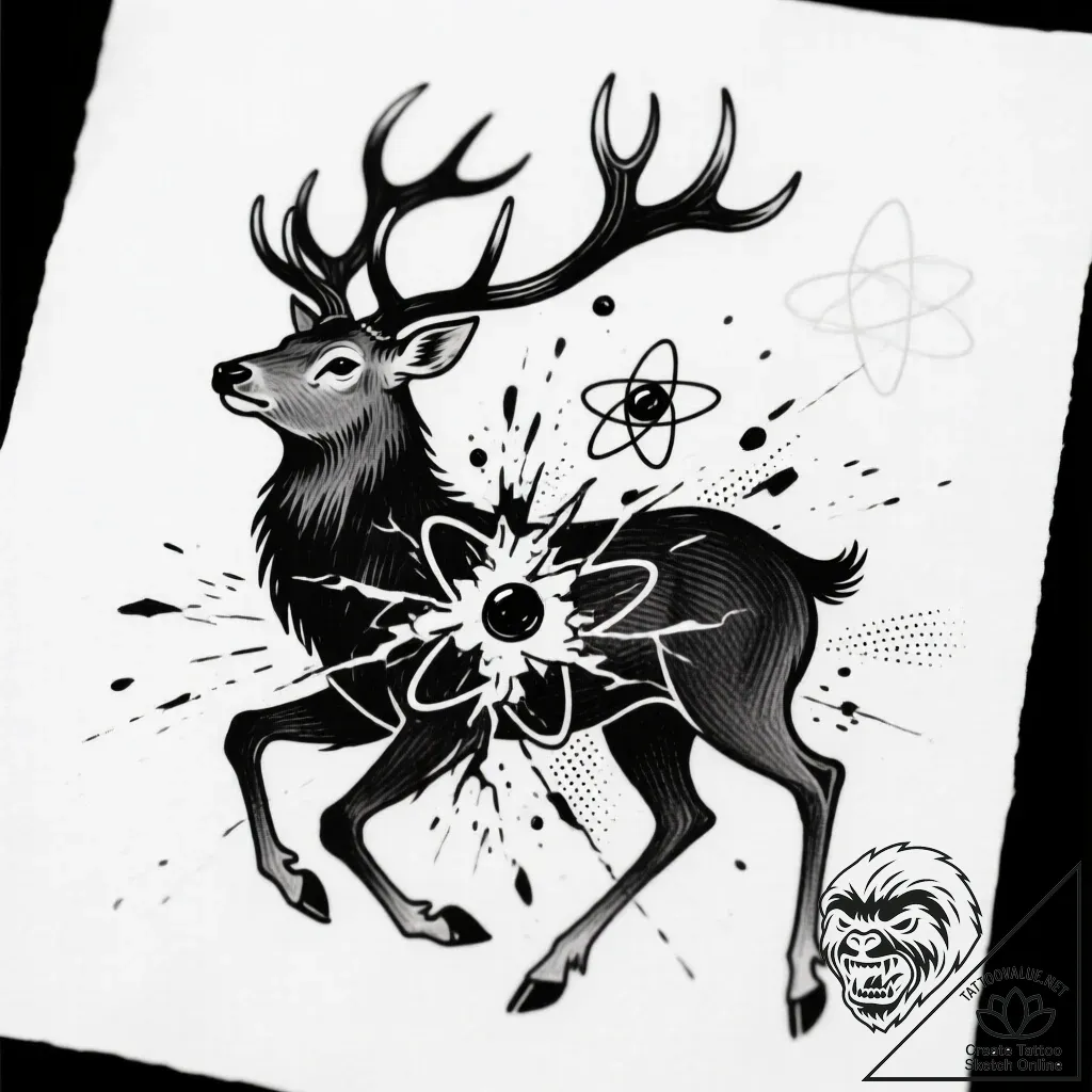 Atomic stag disintegrating, ink illustration... - style Flux Inscriptions - tattoo sketch (12.11.2025 15:43)