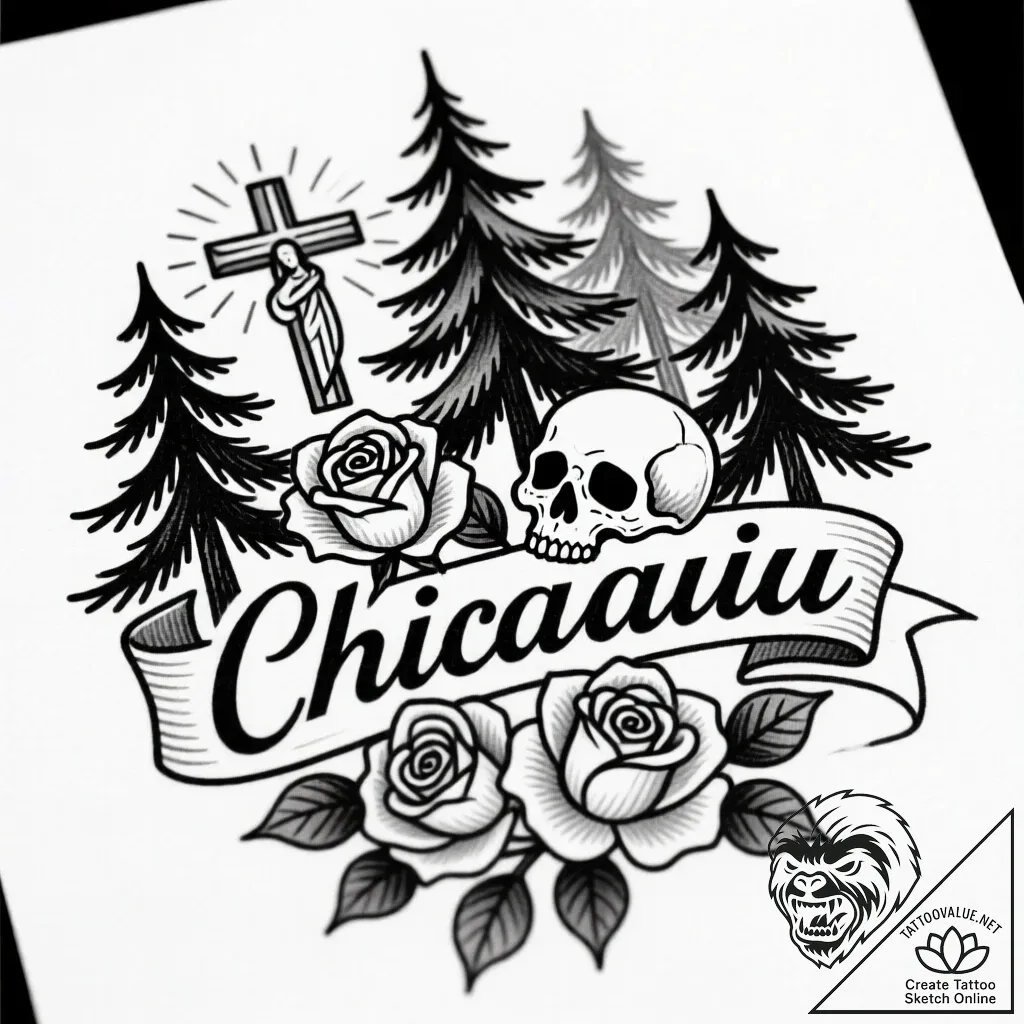 Fir trees, tattoo sketch design, clean lines,... - style Flux Inscriptions - tattoo sketch (12.11.2025 16:19)