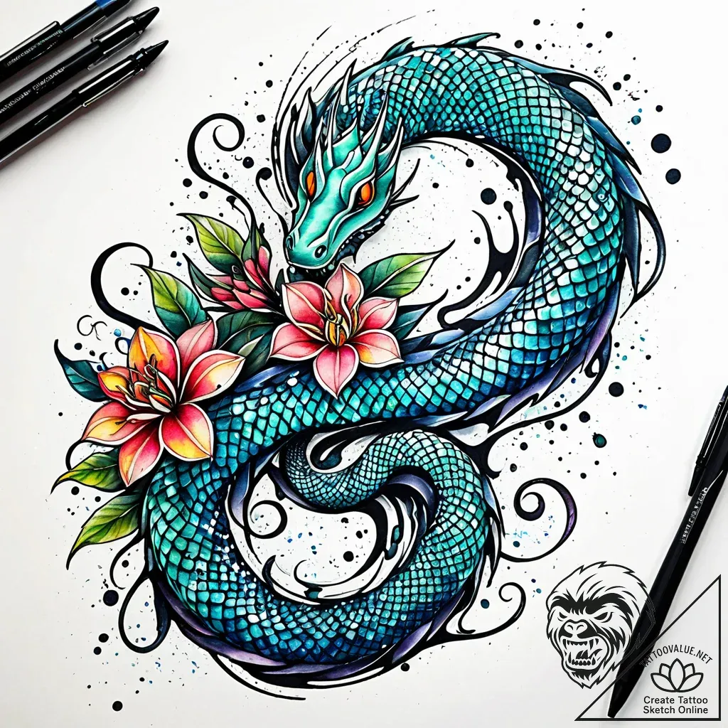 Ice serpent beneath celestial bloom, tattoo d... - style Jaeger Simple - tattoo sketch (12.11.2025 16:22)