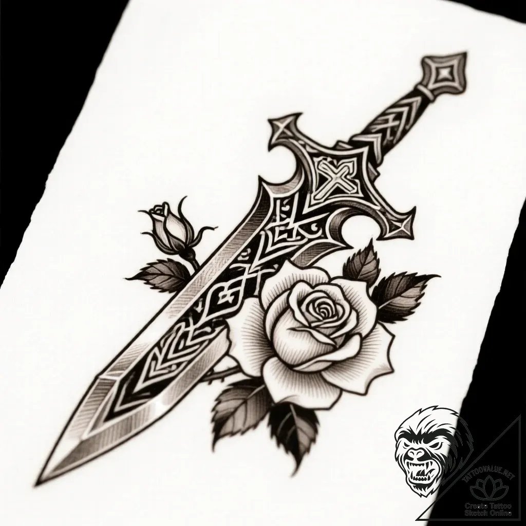 Ice blade through spectral rift, tattoo sketc... - style Flux Inscriptions - tattoo sketch (12.11.2025 16:55)