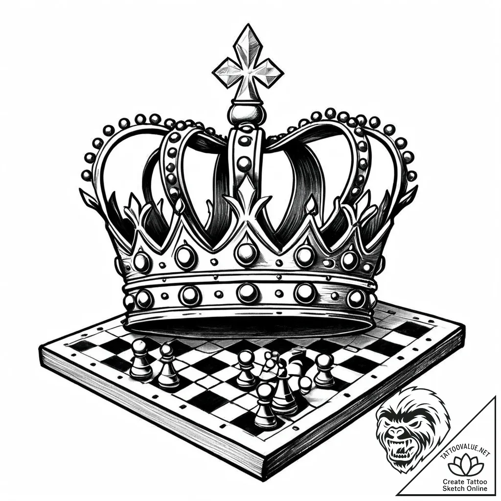 Queen's crown abandoned on a chessboard, tatt... - style Jaeger Mini - tattoo sketch (12.11.2025 19:37)
