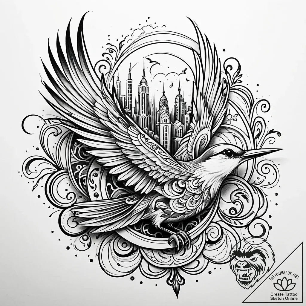 A whimsical bird's eye view of city, expansiv... - style Jaeger Simple - tattoo sketch (12.11.2025 19:58)