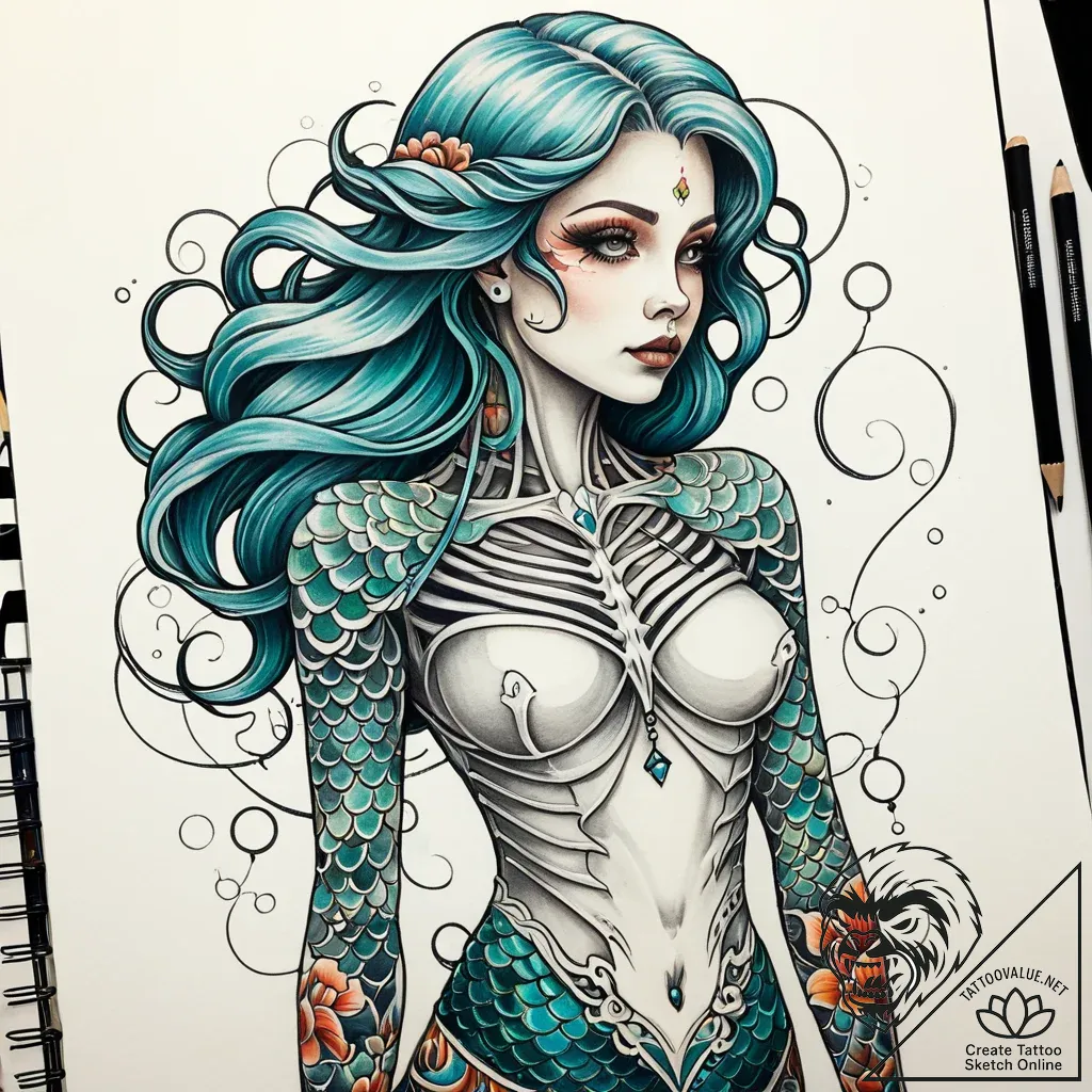 Skeletal mermaid with a pearl in her ribcage,... - style Jaeger Simple - tattoo sketch (12.11.2025 20:22)