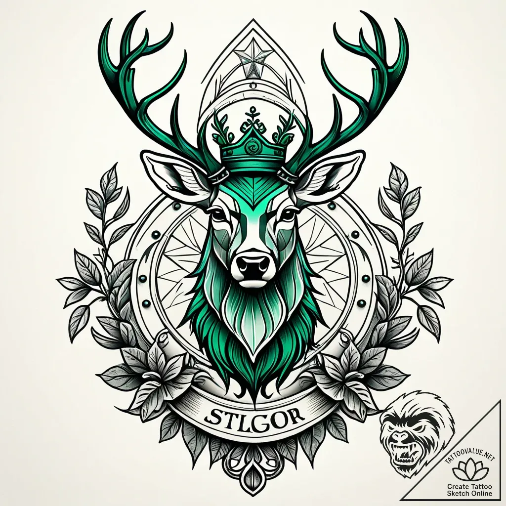 Emerald stag crowned in roots, ink illustrati... - style Jaeger Simple - tattoo sketch (12.11.2025 21:46)