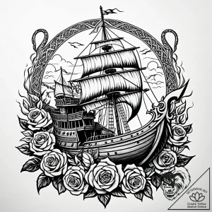 Viking longship with a dragon figurehead sail… – style Jaeger Simple – tattoo sketch (12.11.2025 23:10)