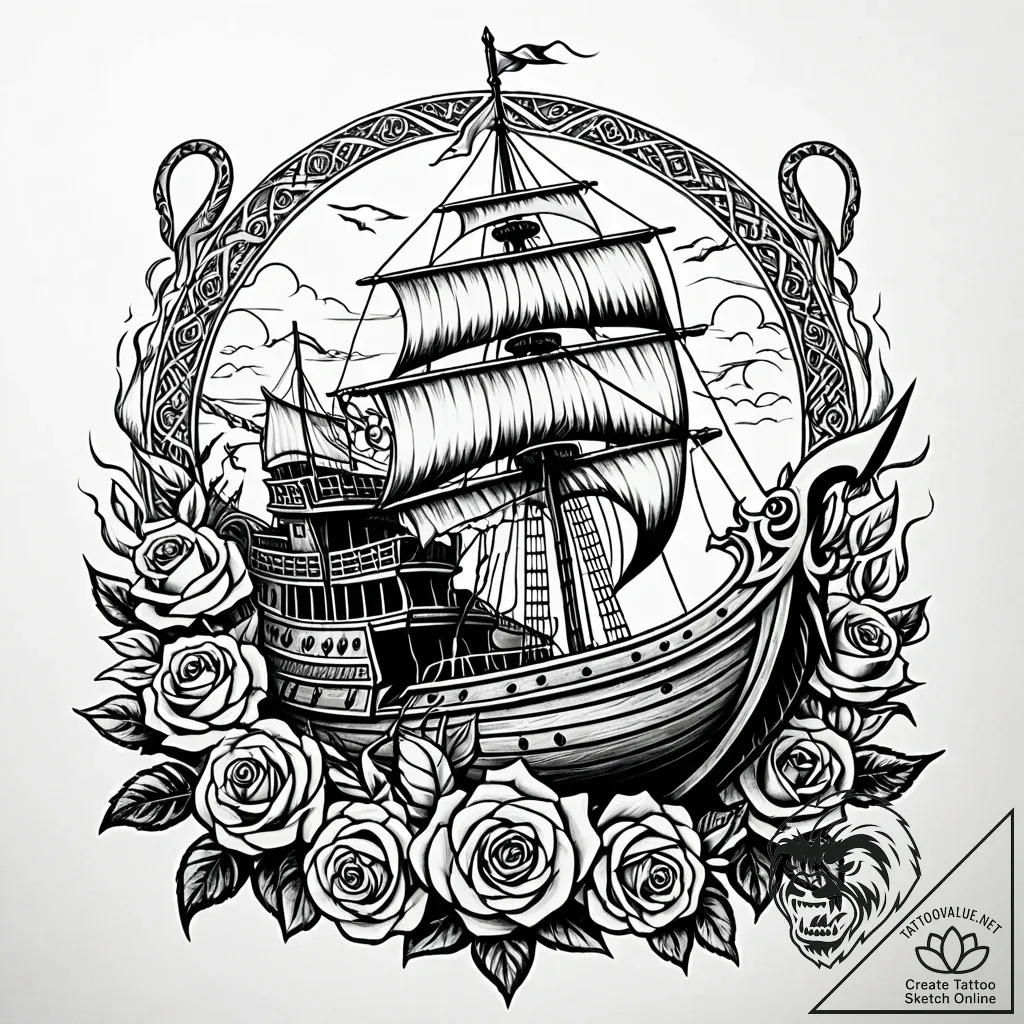 Viking longship with a dragon figurehead sail... - style Jaeger Simple - tattoo sketch (12.11.2025 23:10)