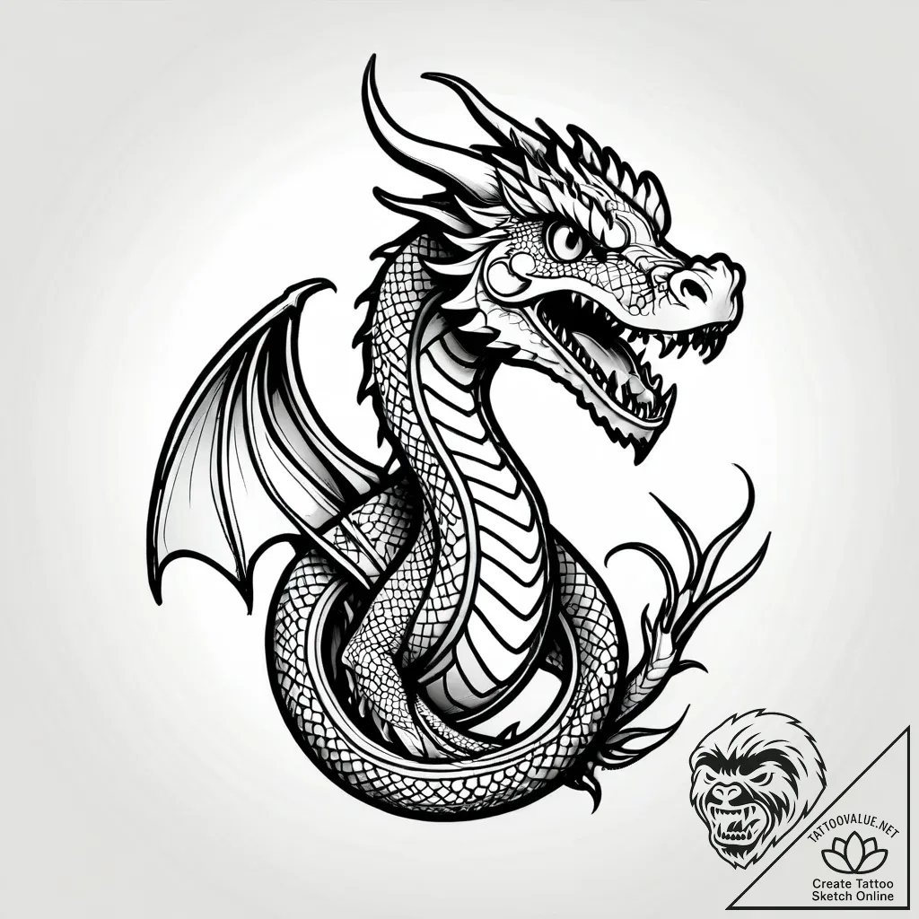 Animated dragon curled on treasure, tattoo sk... - style Jagger Old - tattoo sketch (12.11.2025 23:16)