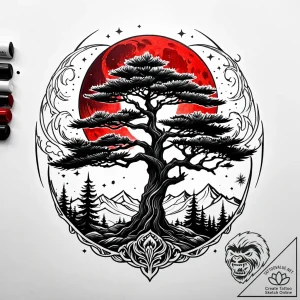 Pine tree silhouette against a blood-red moon… – style Jaeger Simple – tattoo sketch (12.11.2025 23:34)