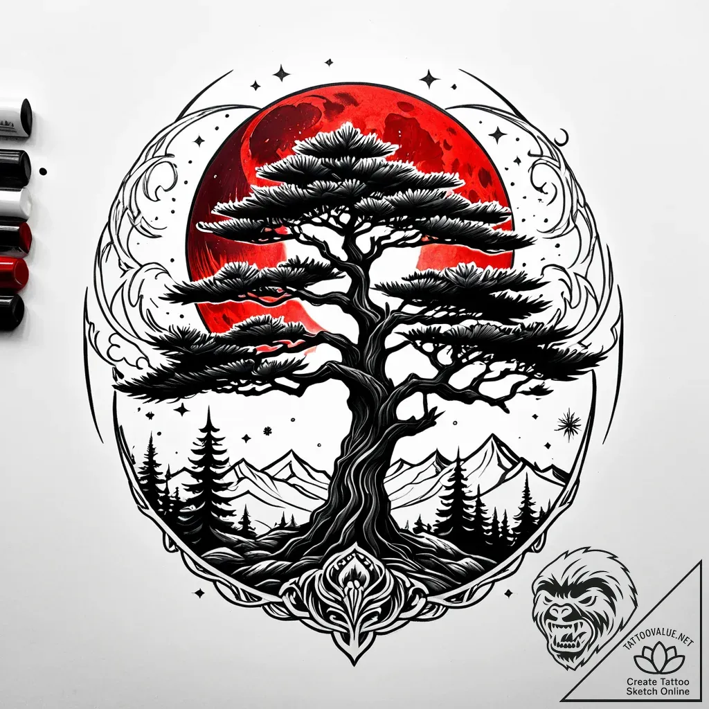 Pine tree silhouette against a blood-red moon... - style Jaeger Simple - tattoo sketch (12.11.2025 23:34)