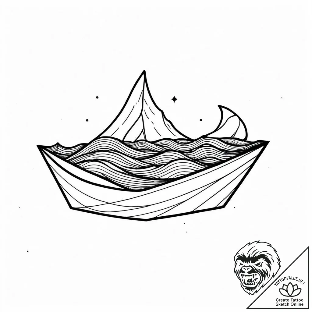 Paper boat floating on a minimalist wave, art... - style Jaeger Mini - tattoo sketch (12.11.2025 23:49)
