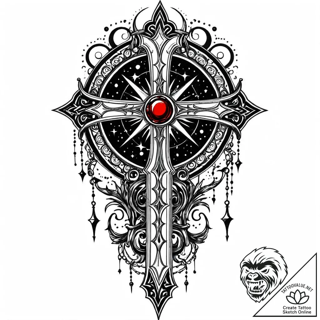Necrotic dagger beneath celestial gate, ink i... - style Jaeger Mini - tattoo sketch (13.11.2025 00:13)