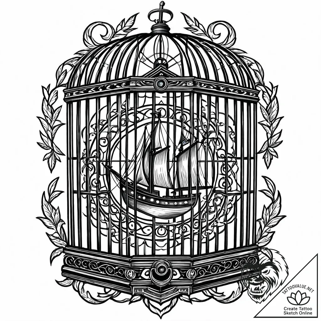 Gilded cage with its door wide open, tattoo f... - style Jaeger Mini - tattoo sketch (13.11.2025 00:37)