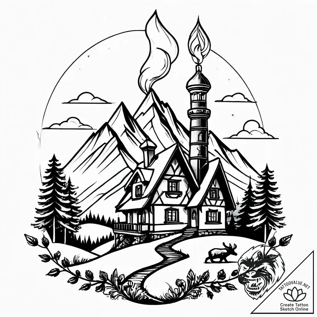 An alpine village nestled in a snow-covered v... - style Jagger Old - tattoo sketch (13.11.2025 00:40)