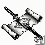 Katana resting on ancient scroll, tattoo line… – style Flux Inscriptions – tattoo sketch (13.11.2025 01:25)