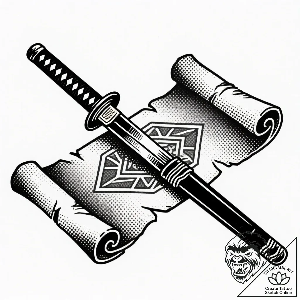 Katana resting on ancient scroll, tattoo line... - style Flux Inscriptions - tattoo sketch (13.11.2025 01:25)