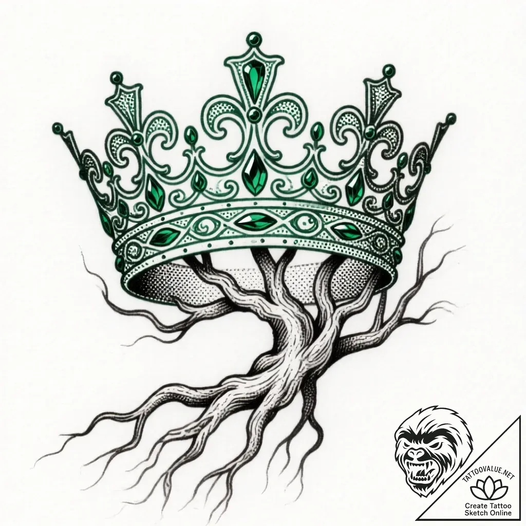 Emerald crown submerged in roots, artistic ta... - style Flux Inscriptions - tattoo sketch (13.11.2025 01:37)