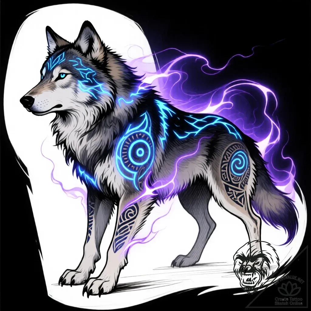 Tattoo sketch, wolf with glowing tribal tatto... - style Flux Inscriptions - tattoo sketch (13.11.2025 02:01)