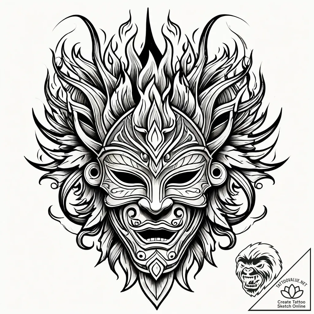 Oak mask beneath ritual fire, tattoo line art... - style Jaeger Simple - tattoo sketch (13.11.2025 02:28)