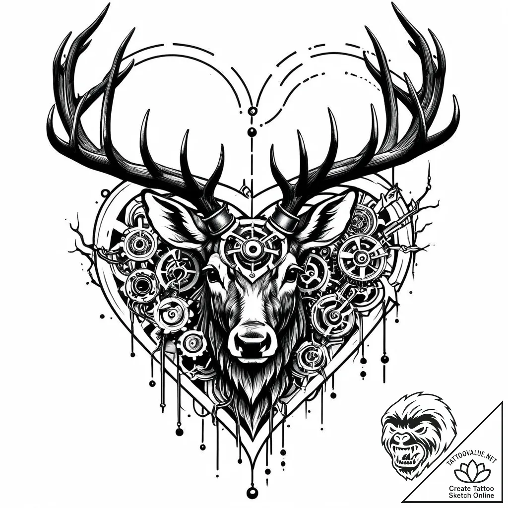 Apocalyptic stag with mechanical heart, conce... - style Jaeger Mini - tattoo sketch (13.11.2025 02:31)