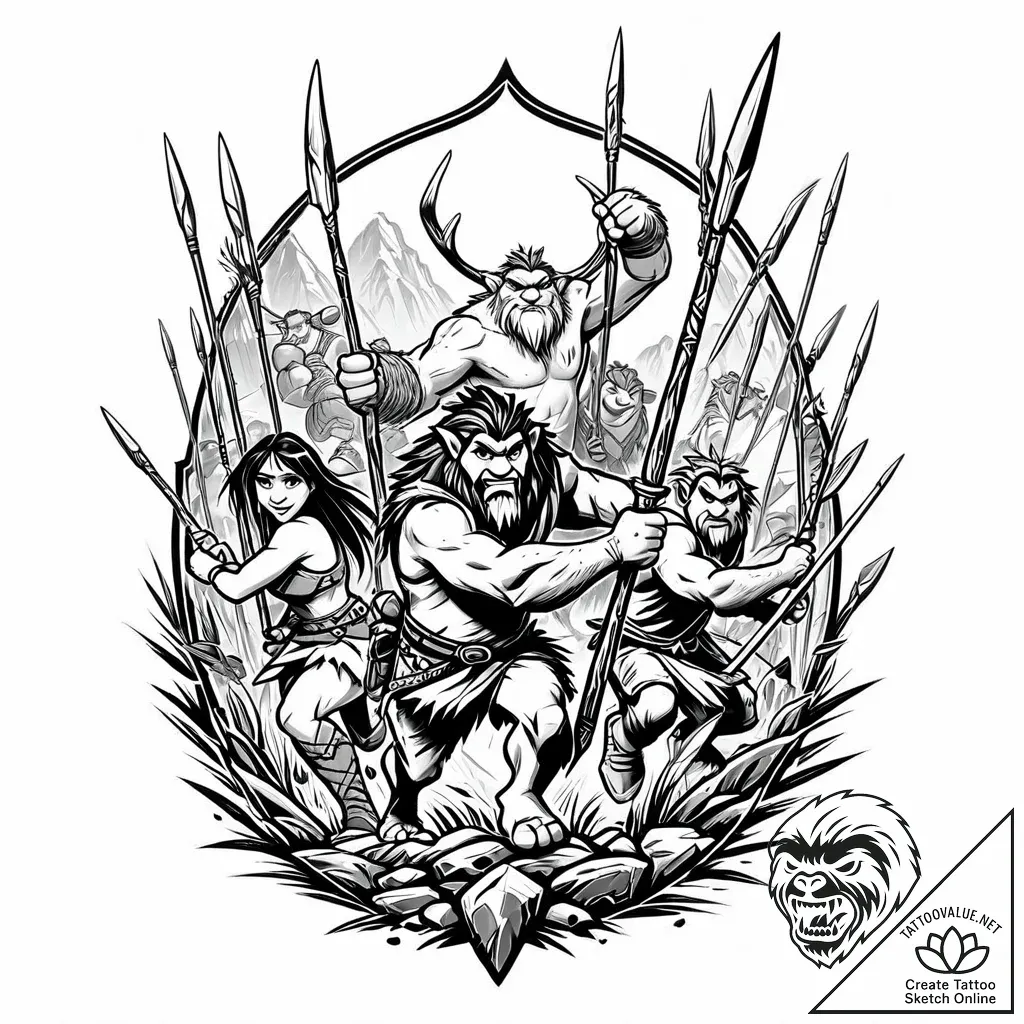 Tattoo sketch, croods hunting scene with spea... - style Jaeger Mini - tattoo sketch (13.11.2025 02:43)