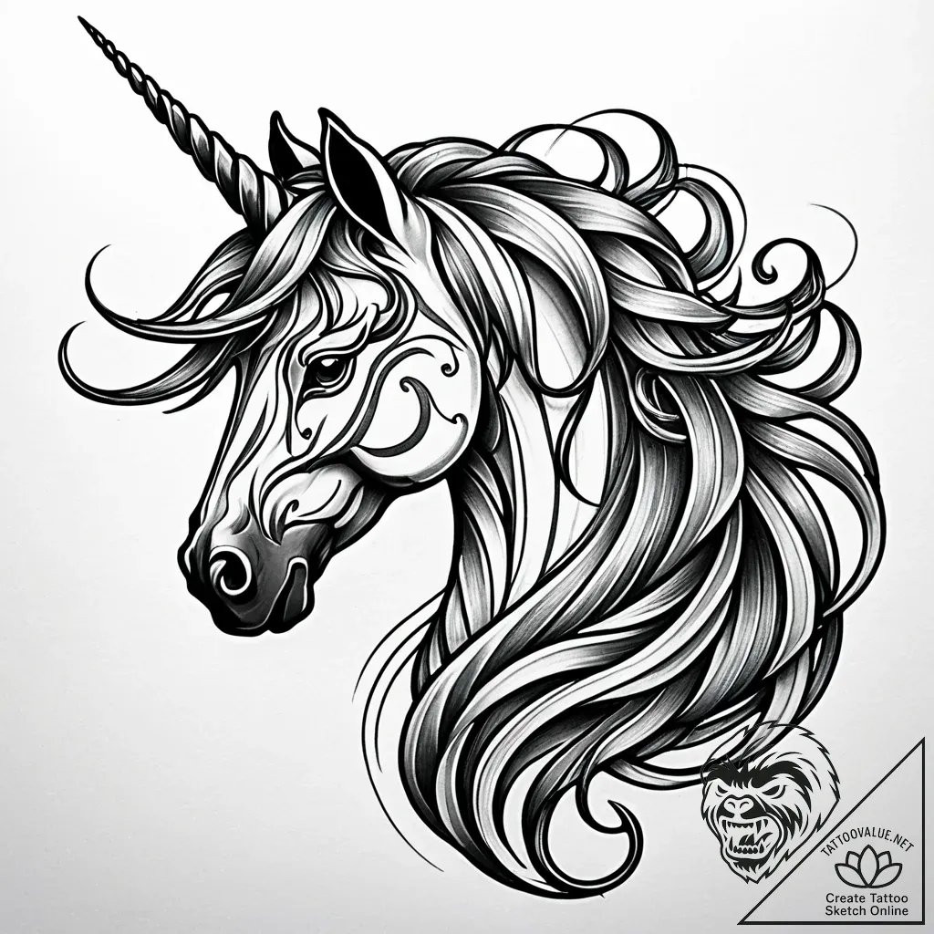 Unicorn with a horn of spiraling darkness, ar... - style Jaeger Simple - tattoo sketch (13.11.2025 03:04)