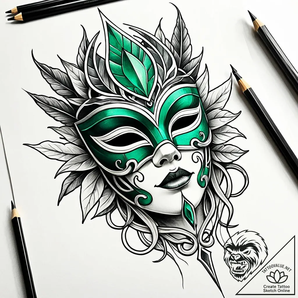 Emerald mask bound in roots, artistic tattoo... - style Jaeger Simple - tattoo sketch (13.11.2025 03:16)