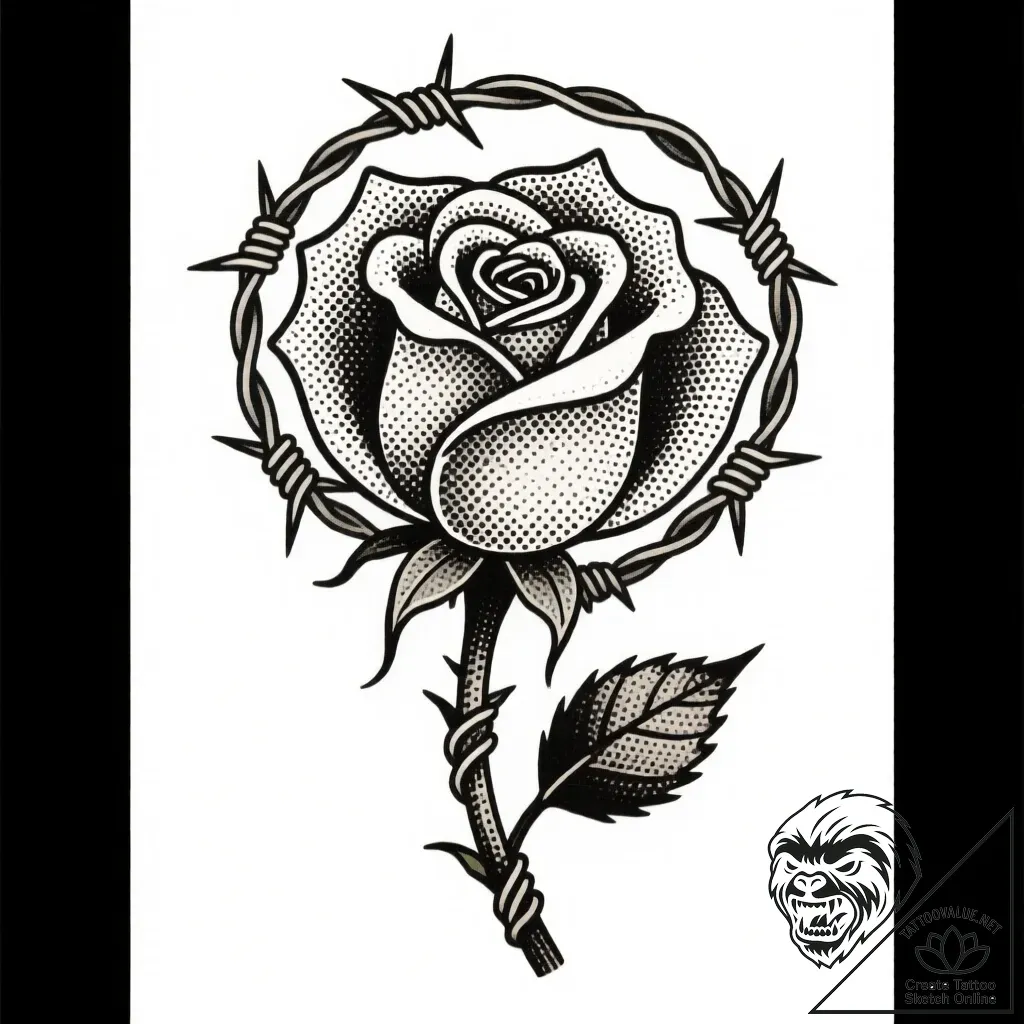 Cursed rose wrapped in barbed wire, tattoo fl... - style Flux Inscriptions - tattoo sketch (13.11.2025 03:25)