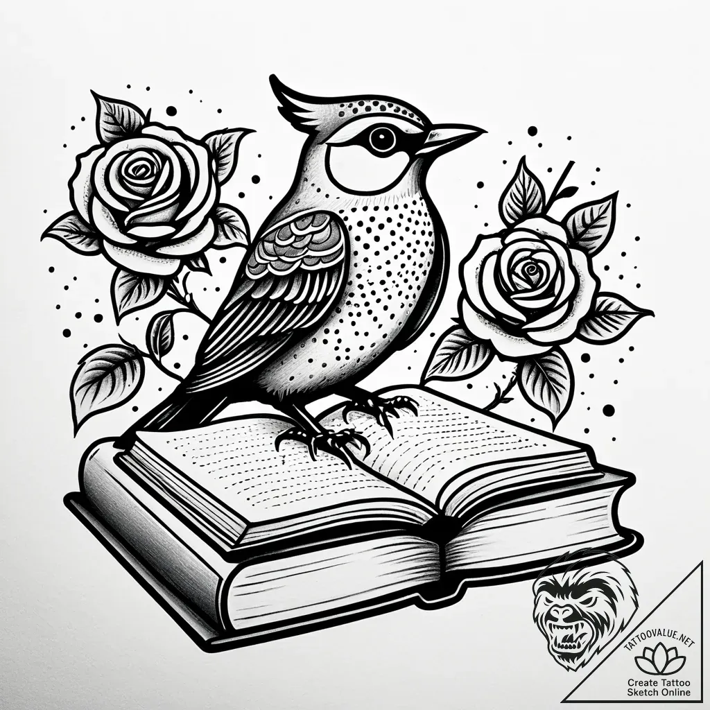 A whimsical bird perched on a book, knowledge... - style Jaeger Simple - tattoo sketch (13.11.2025 03:28)