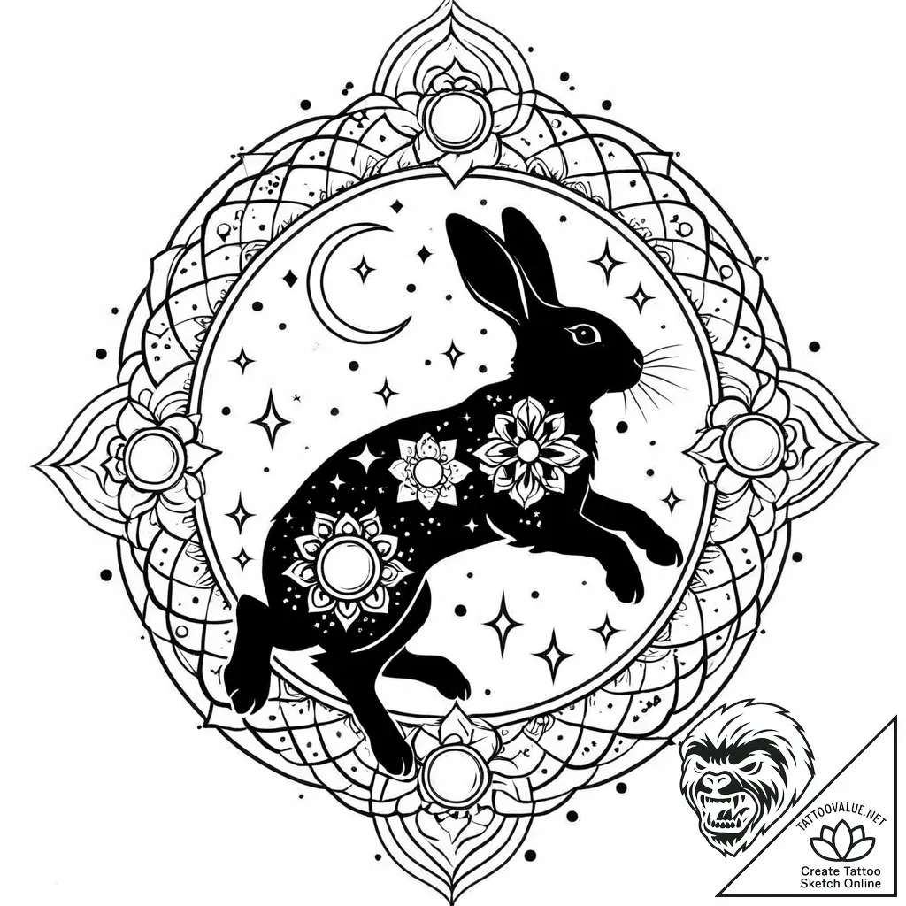 Rabbit silhouette jumping over the moon, tatt... - style Jaeger Mini - tattoo sketch (13.11.2025 03:55)