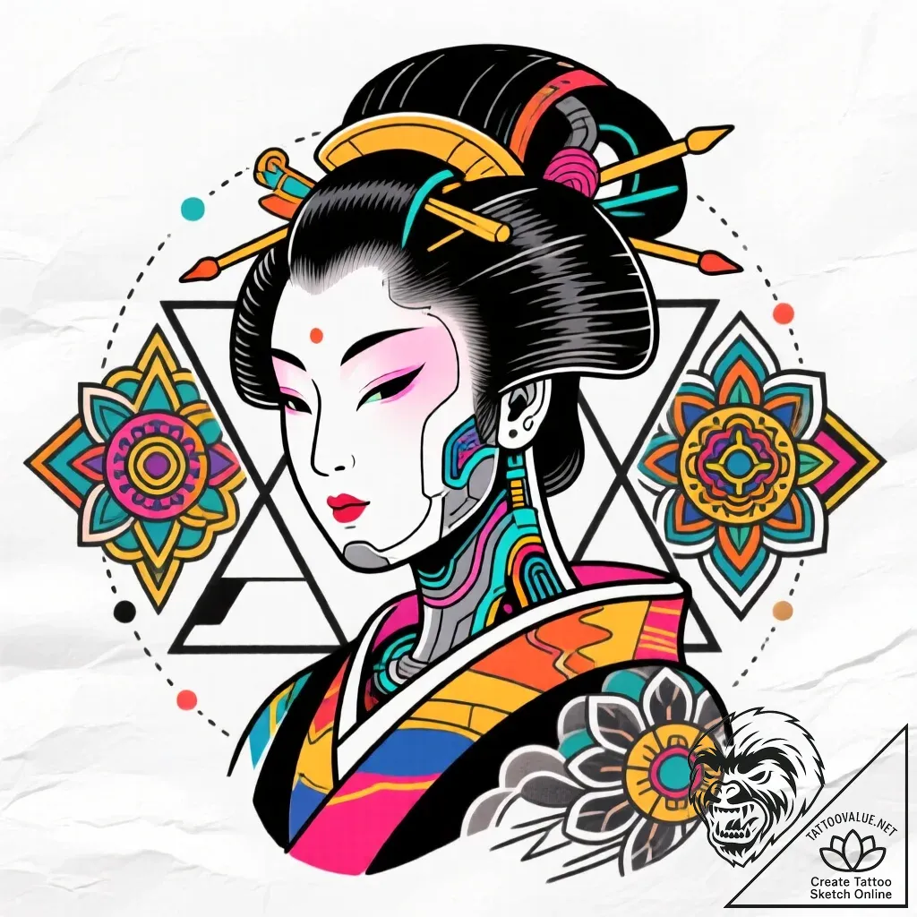 Cyborg geisha, tattoo drawing outline, styliz... - style Flux Inscriptions - tattoo sketch (13.11.2025 04:13)