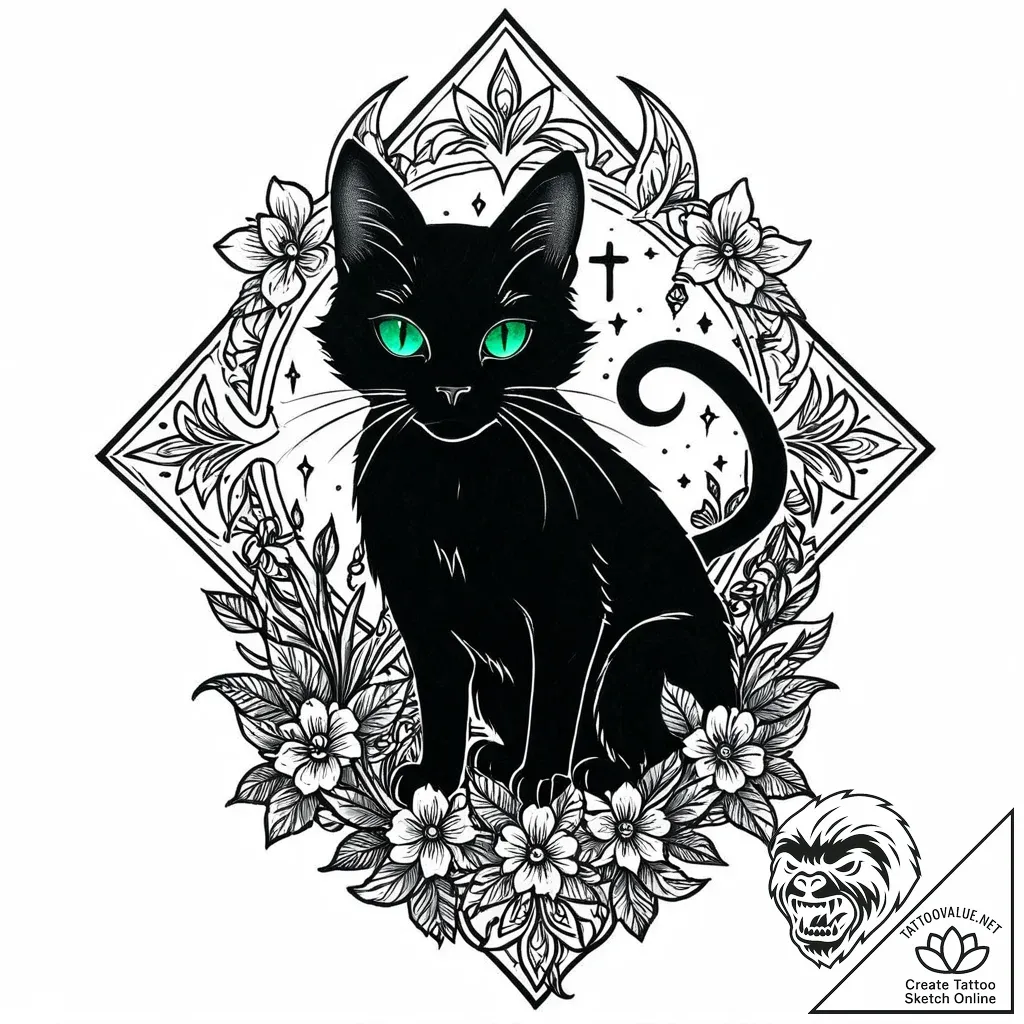 Tattoo sketch, sleek black cat with emerald e... - style Jaeger Mini - tattoo sketch (13.11.2025 04:43)