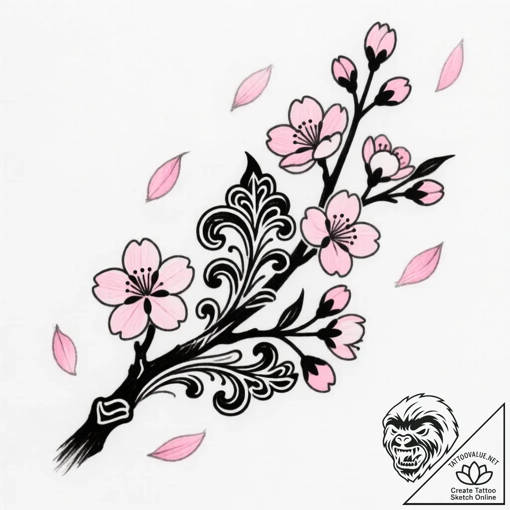 Tat tattoo sketch, traditional japanese sakur... - style Flux Inscriptions - tattoo sketch (13.11.2025 04:49)
