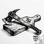 Executioner’s axe, chipped and stained, resti… – style Flux Inscriptions – tattoo sketch (13.11.2025 05:01)