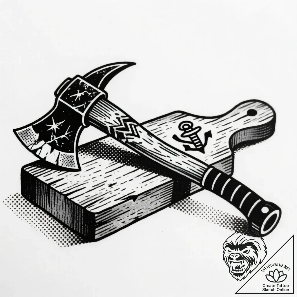 Executioner's axe, chipped and stained, resti... - style Flux Inscriptions - tattoo sketch (13.11.2025 05:01)