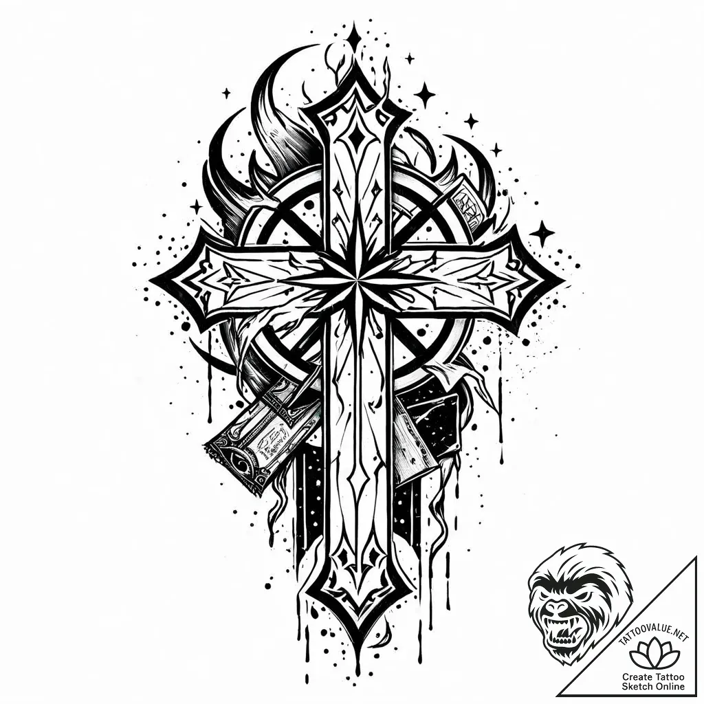 Shadow gate beneath burning stars, tattoo ske... - style Jaeger Mini - tattoo sketch (13.11.2025 05:43)