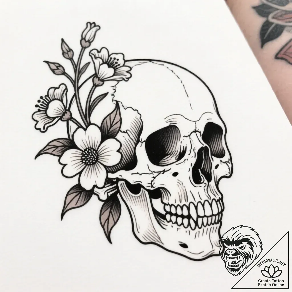 Bone flowers blooming from skull, concept art... - style Flux Inscriptions - tattoo sketch (13.11.2025 05:49)